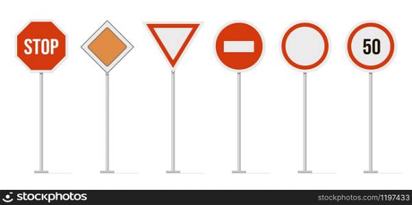 Highway road signs. Traffic road, highway limit speed street sign, restricted urban and highway symbols. Regulatory, warning, and guide character signs vector isolated icon set. Direction sign boards. Highway road signs. Traffic road, highway speed street sign, restricted urban and highway symbols. Regulatory, warning, and guide character signs vector isolated icon set