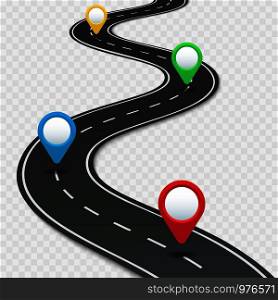 Highway roadmap with pins. Car road direction, gps route pin road trip navigation and asphalt roads business way direction infographic, marker transportation vector illustration. Highway roadmap with pins. Car road direction, gps route pin road trip navigation and roads business infographic vector illustration