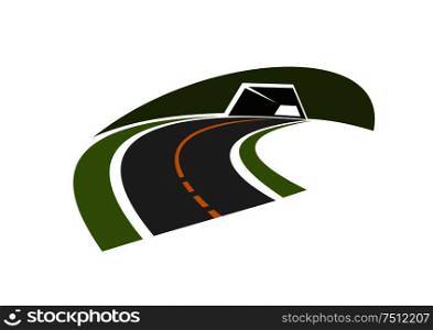 Highway tunnel abstract icon with underpass road through green steep hill, isolated on white background. For transportation design. Road tunnel through green hill icon