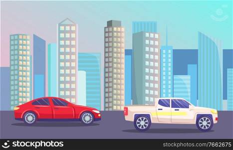 Highway with cars on roads. Futuristic cityscape with vehicles in city. Modern skyline with skyscrapers. Business center in town and automobiles passing district. Urban landscape. Vector in flat style. Futuristic Skyline with Transports on Roads Vector