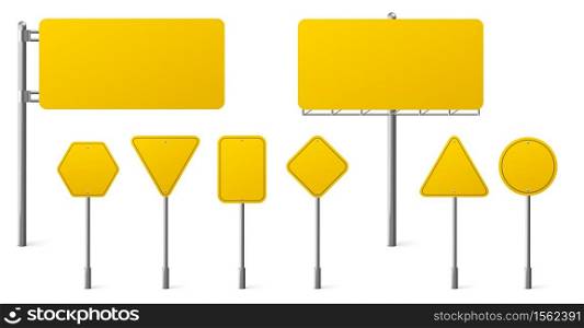 Highway yellow road signs, blank signage boards on steel poles pointing city traffic direction, empty round, rectangular, hexagon panels isolated on white background, Realistic 3d vector illustration. Highway yellow road signs, signage on steel poles