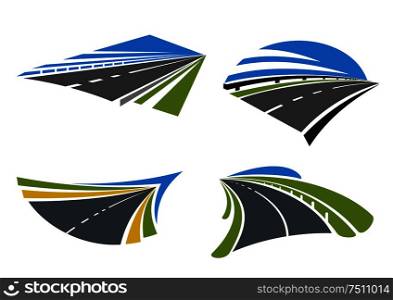 Highways and roads icons with landscape. Isolated on white vector icons. For travel, transportation and journey themes design. Highways and roads icons with landscape