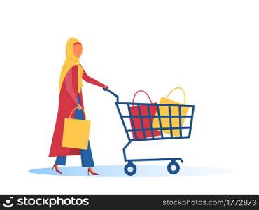 Hijab muslim woman with shopping cart Flat design vector illustrator.