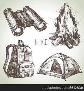 Hike and camping tourism hand drawn set. Sketch design elements