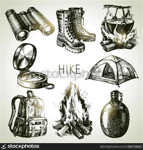 Hike and camping tourism hand drawn set. Sketch design elements