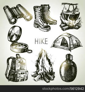 Hike and camping tourism hand drawn set. Sketch design elements