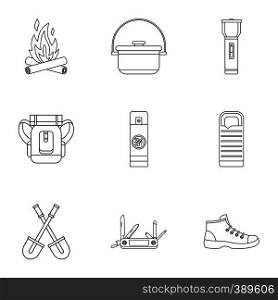 Hike icons set. Outline illustration of 9 hike vector icons for web. Hike icons set, outline style
