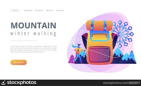 Hiker in warm clothes walking in the mountains in winter and a huge backpack. Winter hiking, hiking warm clothing, mountain winter walking concept. Website vibrant violet landing web page template.. Winter hiking concept landing page.