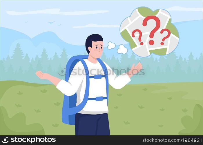 Hiker lost in woods flat color vector illustration. Dangerous circumstance. Traveler in survival situation. Being lost outdoors 2D cartoon character with forest landscape on background. Hiker lost in woods flat color vector illustration