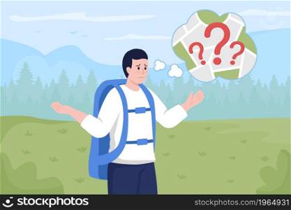 Hiker lost in woods flat color vector illustration. Dangerous circumstance. Traveler in survival situation. Being lost outdoors 2D cartoon character with forest landscape on background. Hiker lost in woods flat color vector illustration