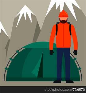 Hiker man near tent mountain background. Flat illustration of hiker man near tent mountain vector background for web design. Hiker man near tent mountain background, flat style