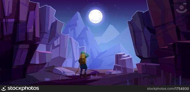Hiker man on road in mountains at night. Vector cartoon landscape of nature park with canyon, stone cliffs, rocks, moon in sky and tourist with backpack for hiking on path. Hiker man on road in mountains at night