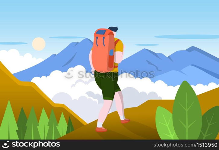 Hiker Man with Backpack Towards Top of Mountain Flat Design Illustration