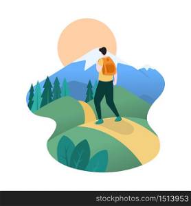 Hiker Man with Backpack Towards Top of Mountain Flat Design Illustration