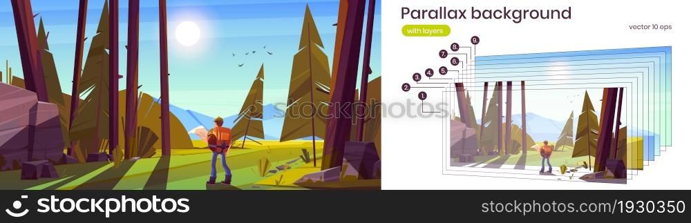 Hiker man with map and backpack in forest with coniferous trees, stones and mountains on horizon. Vector parallax background for 2d animation with cartoon summer woods landscape with tourist. Parallax background with hiker man in forest