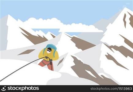 Hiker Mountaineer Man Climbing on Top Ice Snow Mountain Flat Illustration