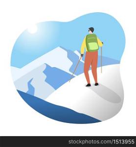 Hiker Mountaineer Man Standing on Top Ice Snow Mountain Flat Illustration