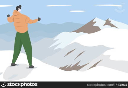 Hiker Mountaineer Man Standing on Top Ice Snow Mountain Flat Illustration