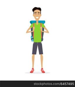 Hiker Traveler Vector Illustration. Hiking with backpack illustration. Summer vacation in road concept illustration. Smiling young man in shorts, with backpack full of supplies, ready for trip. Isolated on white background.
