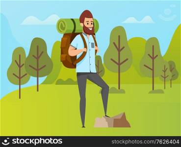 Hiker wearing casual clothes and backpack standing outdoor, green grass, tree and bush. Portrait view of male standing near rock in forest, hiking hobby vector. Flat cartoon. Man Hiking, Green Nature, Travel Hobby Vector