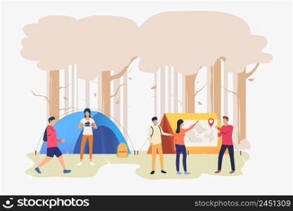 Hikers friends talking and examining map vector illustration. Orienteering, camping, travel. Tourism concept. Design for website templates, posters, banners