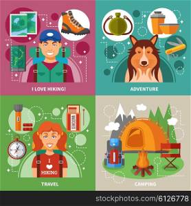 Hiking 2x2 Design Concept . Hiking 2x2 flat design concept with expedition equipment camping composition travel accessories vector illustration