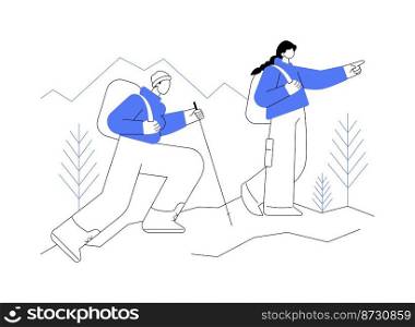 Hiking abstract concept vector illustration. Active lifestyle, mountain climbing, outdoor c&ing, trekking trail, countryside walking, travel adventure, extreme tourism, trip abstract metaphor.. Hiking abstract concept vector illustration.