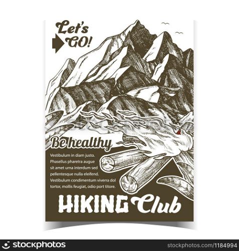 Hiking Adventure Club Advertising Poster Vector. Torch Flame Blowing In Wind, High Mountain And Green Leaves Tourist Adventure. Burning Fireplace Template Designed In Vintage Style Monochrome Illustration. Hiking Adventure Club Advertising Poster Vector
