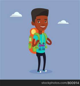 Hiking african-american traveler standing with backpack and binoculars. Traveler man enjoying recreation time in nature. Traveler during summer trip. Vector flat design illustration. Square layout.. Cheerful traveler with backpack.
