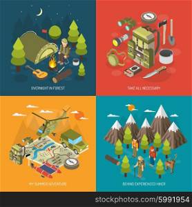 Hiking And Camping Design Concept . Hiking and camping design concept with tourists backpack tent axe compass binoculars bonfire vector illustration
