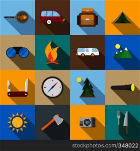 Hiking and camping icons set in flat style. Hiking and camping icons set