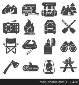 Hiking and Camping Icons Set on white background