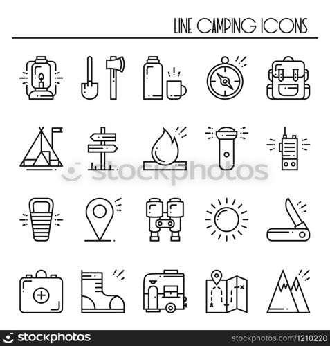 Hiking and Camping Line Icons Set. Outdoor Camp Sign and Symbol. Backpacking Adventure. Hiking and Camping Line Icons Set. Outdoor Camp Sign and Symbol. Backpacking Adventure.