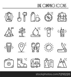 Hiking and Camping Line Icons Set. Outdoor Camp Sign and Symbol. Backpacking Adventure. Hiking and Camping Line Icons Set. Outdoor Camp Sign and Symbol. Backpacking Adventure.