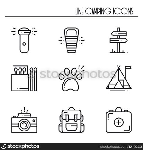 Hiking and Camping Line Icons Set. Outdoor Camp Sign and Symbol. Backpacking Adventure.