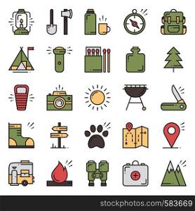 Hiking and Camping Line Icons Set. Outdoor Camp Sign and Symbol. Backpacking Adventure. Camping Stuff and Accessories. Hiking and Camping Line Icons Set. Outdoor Camp Sign and Symbol. Backpacking Adventure. Camping Stuff and Accessories.