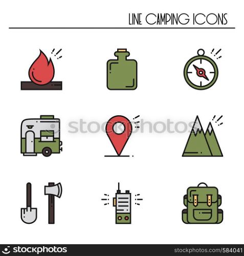 Hiking and Camping Line Icons Set. Outdoor Camp Sign and Symbol. Backpacking Adventure. Camping Stuff and Accessories. Hiking and Camping Line Icons Set. Outdoor Camp Sign and Symbol. Backpacking Adventure. Camping Stuff and Accessories.