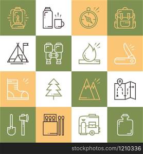 Hiking and Camping Line Icons Set. Outdoor Camp Sign and Symbol. Backpacking Adventure. Colorful squares. Hiking and Camping Line Icons Set. Outdoor Camp Sign and Symbol. Backpacking Adventure. Colorful squares.