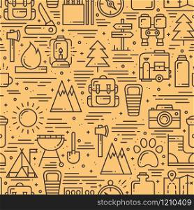 Hiking and Camping Seamless Pattern in Line Style. Outdoor Camp Adventure Theme. Vector illustration. Background. Hiking Print. Hiking and Camping Seamless Pattern in Line Style. Outdoor Camp Adventure Theme. Vector illustration. Background. Hiking Print.