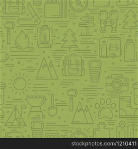 Hiking and Camping Seamless Pattern in Line Style. Outdoor Camp Adventure Theme. Vector illustration. Background. Hiking Print. Hiking and Camping Seamless Pattern in Line Style. Outdoor Camp Adventure Theme. Vector illustration. Background. Hiking Print.