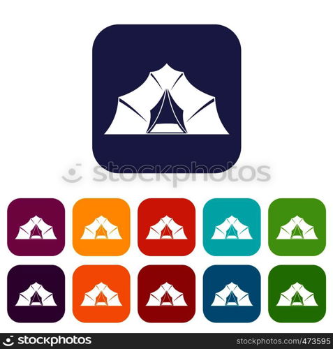 Hiking and camping tent icons set vector illustration in flat style In colors red, blue, green and other. Hiking and camping tent icons set flat