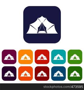 Hiking and camping tent icons set vector illustration in flat style In colors red, blue, green and other. Hiking and camping tent icons set flat