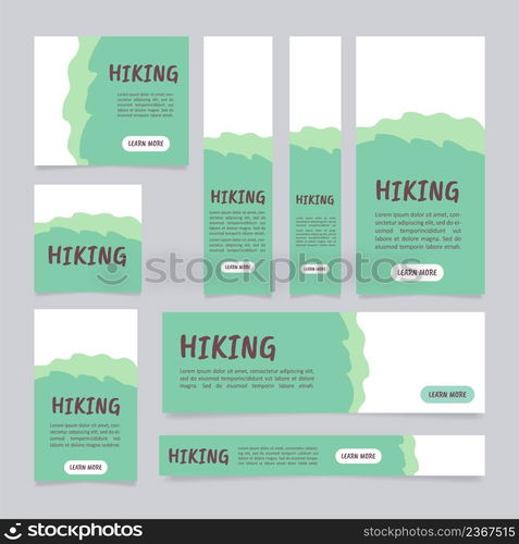 Hiking and exploring nature web banner design template. Vector flyer with text space. Advertising placard with customized copyspace. Printable poster for advertising. Caveat Brush, Calibri fonts used. Hiking and exploring nature web banner design template