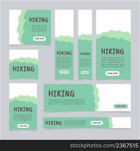 Hiking and exploring nature web banner design template. Vector flyer with text space. Advertising placard with customized copyspace. Printable poster for advertising. Caveat Brush, Calibri fonts used. Hiking and exploring nature web banner design template