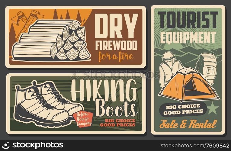 Hiking and mountaineering tourism, camping equipment shop, vintage posters. Outdoor camp travel items, camping boots and tent, fire dry wood, hiking accessory and garments rental. Hiking boots, camping tourism equipment shop