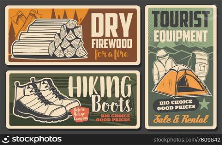 Hiking and mountaineering tourism, camping equipment shop, vintage posters. Outdoor camp travel items, camping boots and tent, fire dry wood, hiking accessory and garments rental. Hiking boots, camping tourism equipment shop