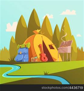 Hiking And Tent Illustration . Hiking and tent background with river forest and barbecue cartoon vector illustration
