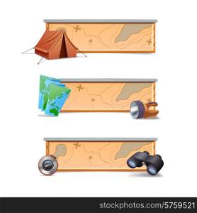 Hiking banners horizontal set with realistic tent map compass isolated vector illustration. Hiking Banners Horizontal