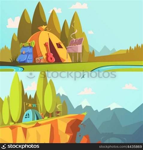 Hiking Banners Set. Hiking cartoon horizontal banners set with barbecue guitar and tent isolated vector illustration