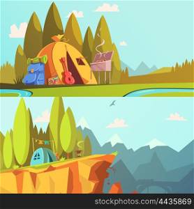 Hiking Banners Set. Hiking cartoon horizontal banners set with barbecue guitar and tent isolated vector illustration